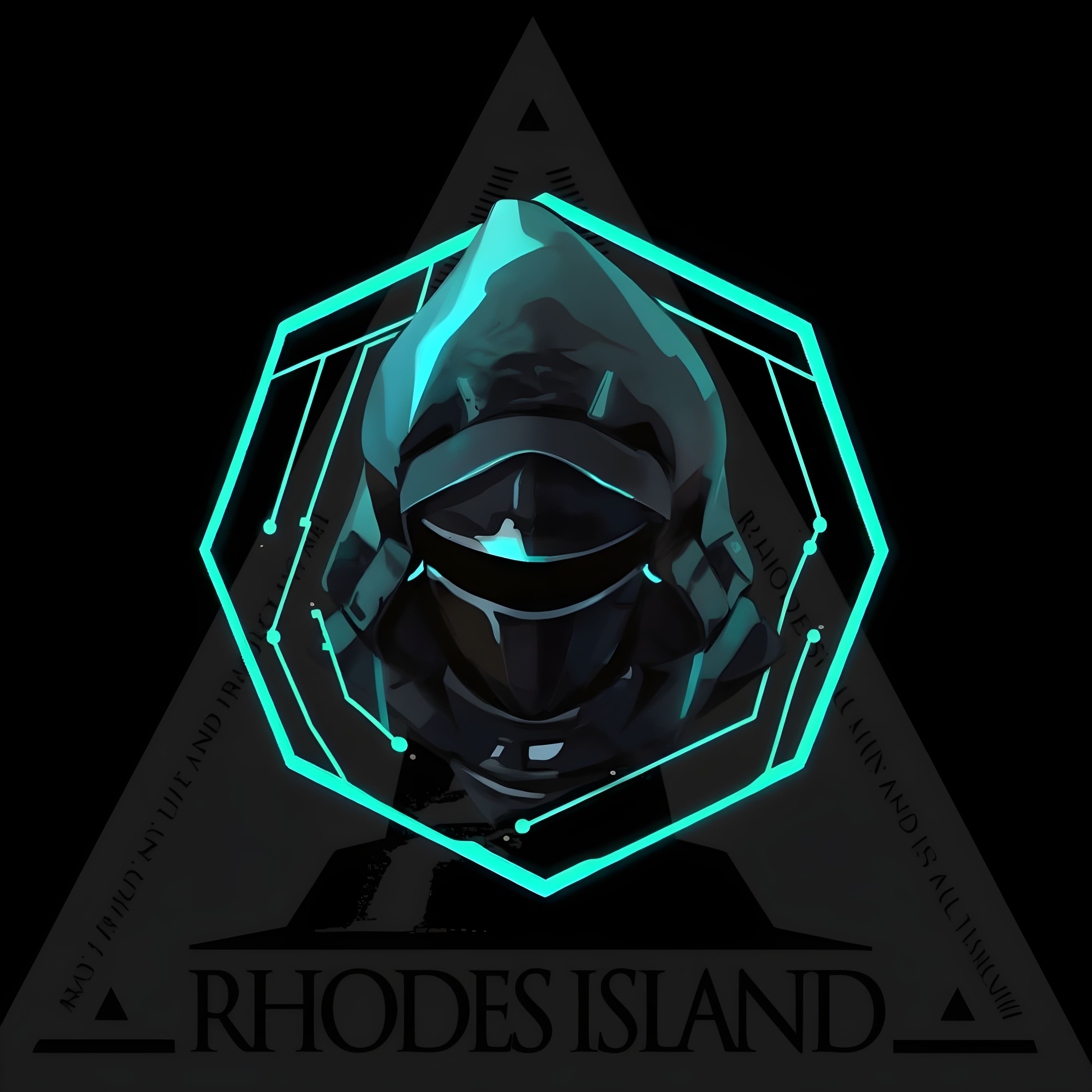 Rhodes Island inspired hooded emblem inside a cyan neon frame.